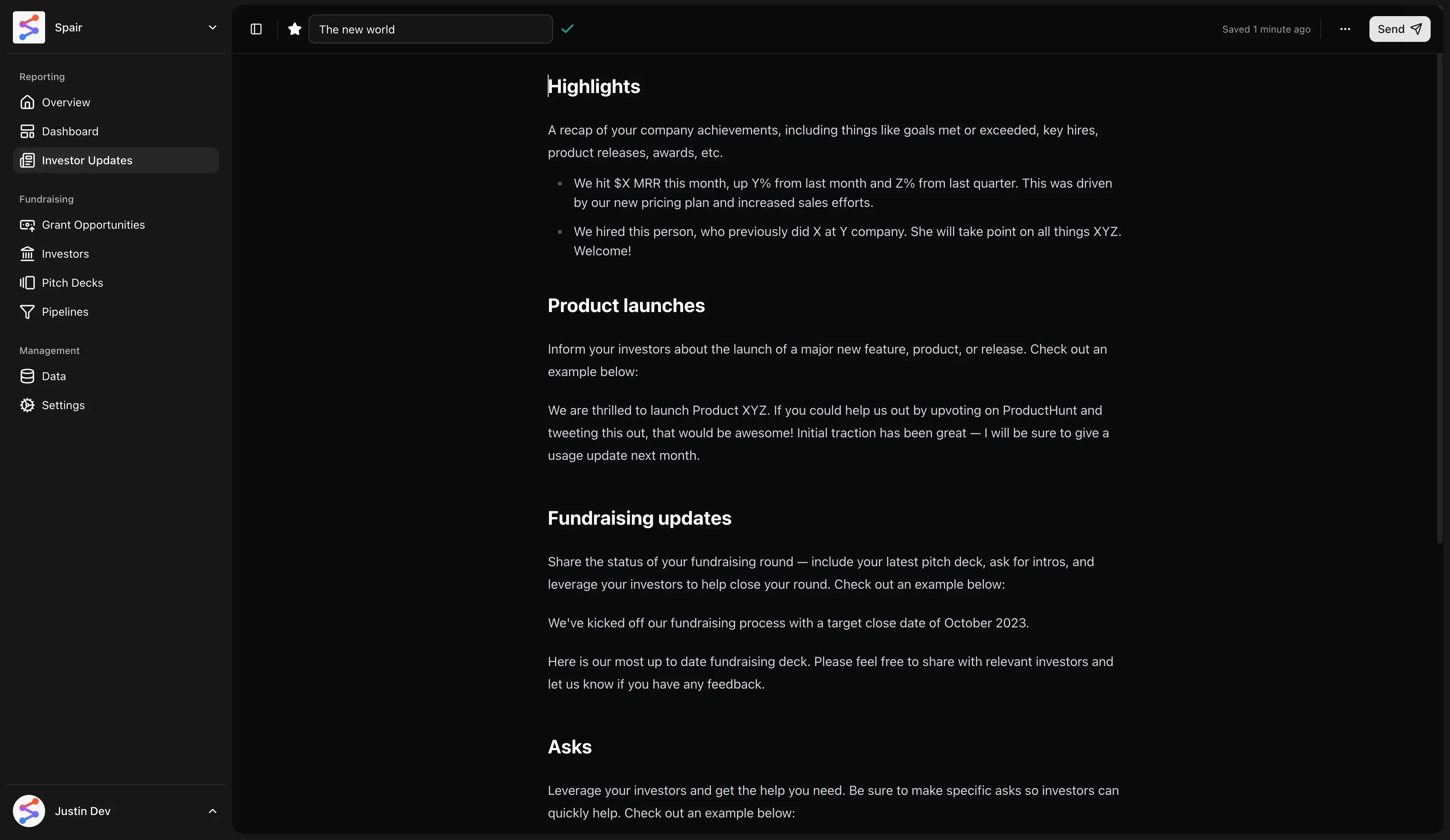 Founder Dashboard Dark mode